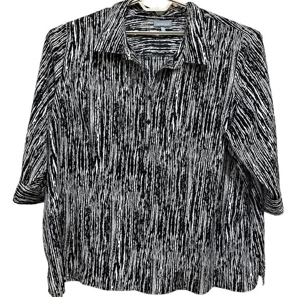 Essentials Womens Top 3X Black White Button Up 3/4 Sleeve LIGHT STAIN IN COLLAR - Picture 1 of 8